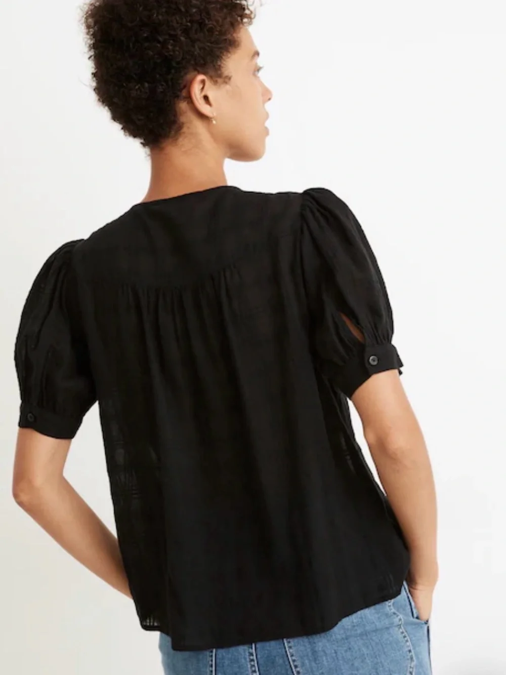 Madewell Puff-Sleeve Yoke Button-Front Top in Textured Plaid
